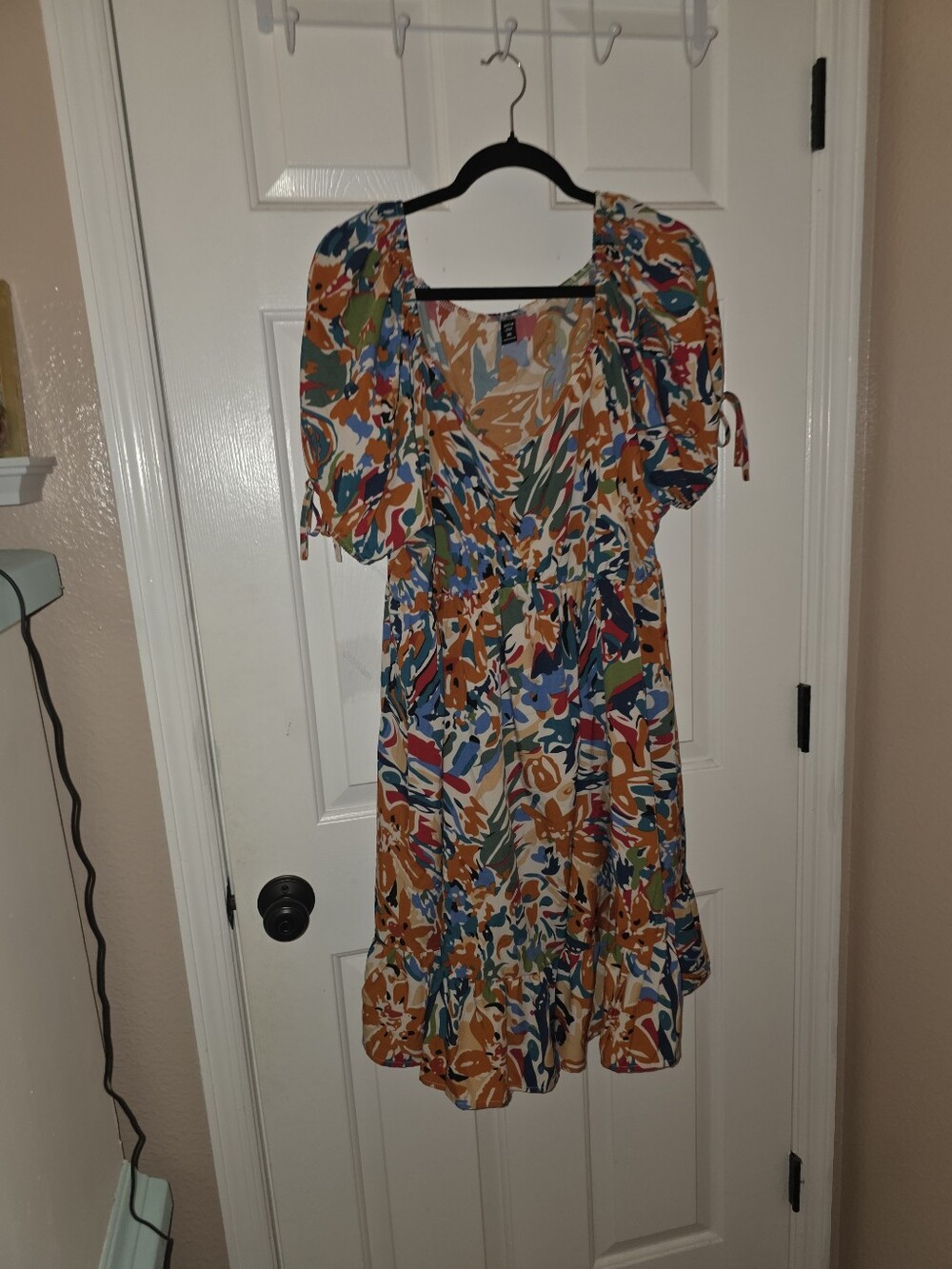 SHEIN Multicolor Abstract Print Puff-Sleeve Midi Dress